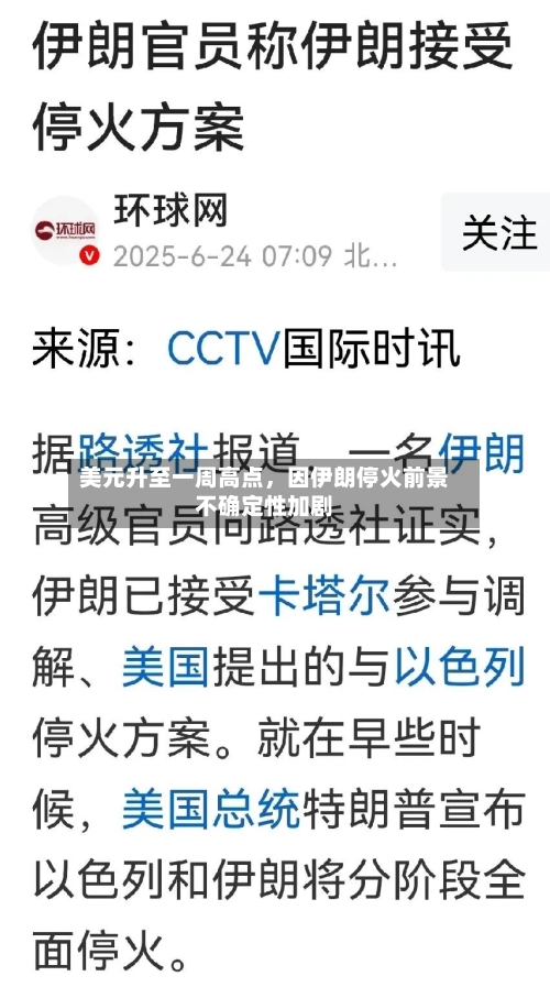 美元升至一周高点，因伊朗停火前景不确定性加剧