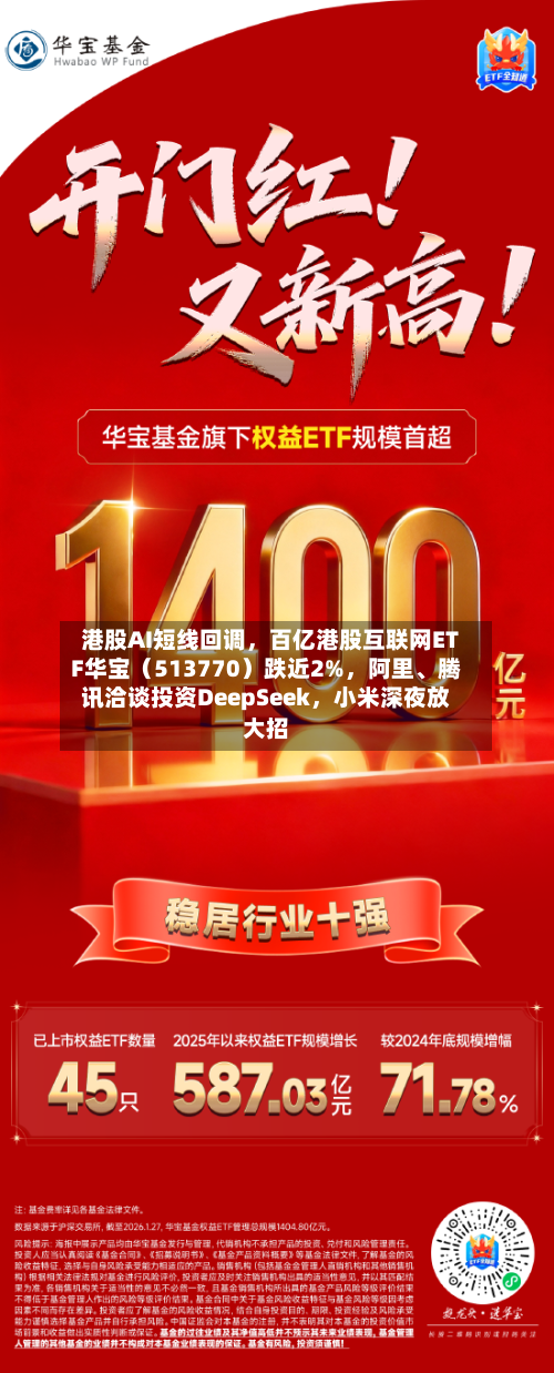 港股AI短线回调，百亿港股互联网ETF华宝（513770）跌近2%，阿里、腾讯洽谈投资DeepSeek，小米深夜放大招