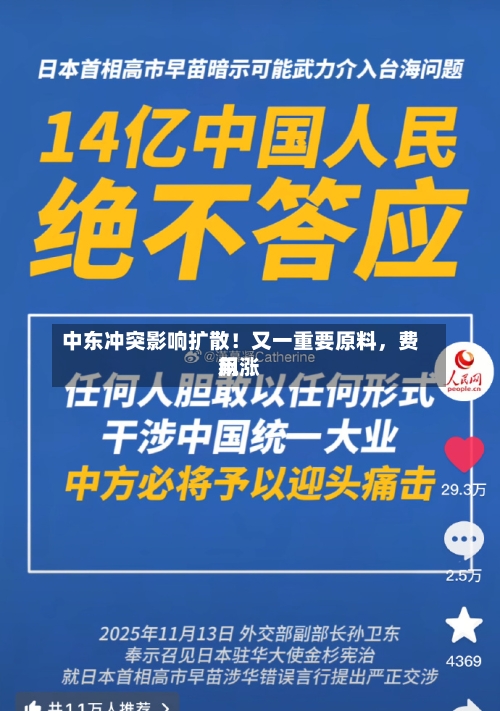 中东冲突影响扩散！又一重要原料，费用飙涨