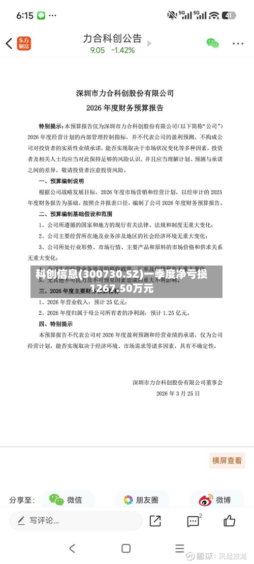 科创信息(300730.SZ)一季度净亏损1267.50万元